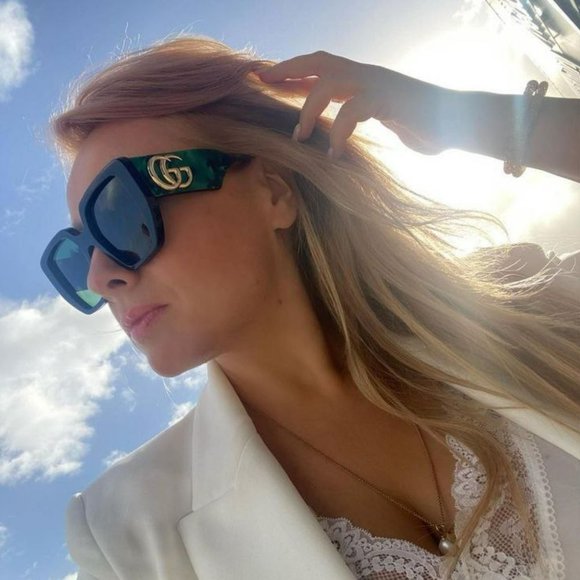 NEW Gucci GG0956S LOGO 001 Black Gold Green Rectangle Oversized Unisex Sunglasse - Picture 9 of 11